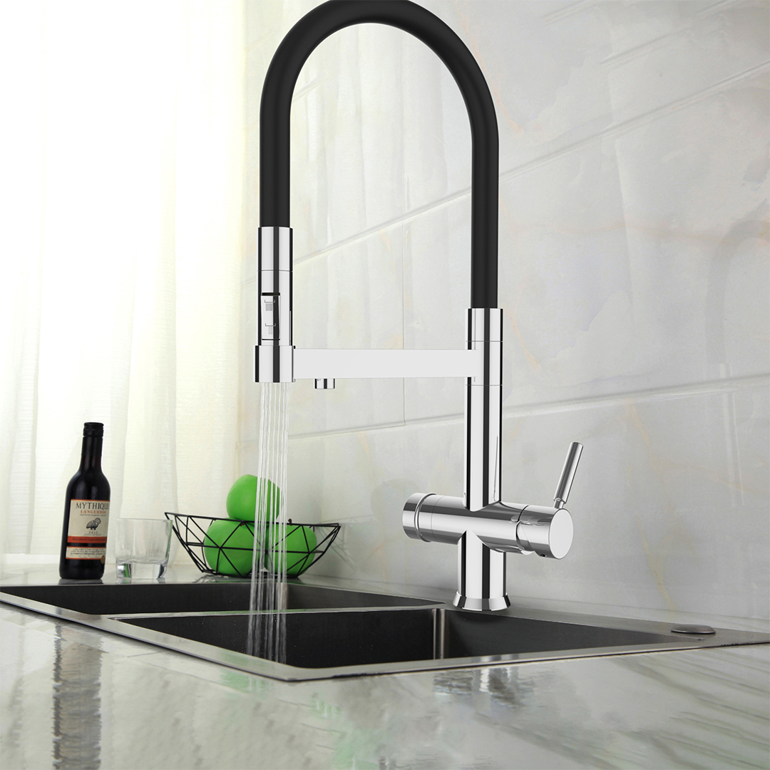 Shurity 390 Rubinetto da cucina con Doccetta in gomma senza metalli pesanti 3 vie 3/8” Cromo/Nero - immagine 4