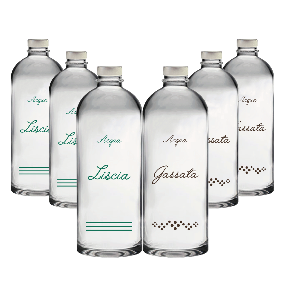 Pack Misto 6pz. - Bottiglia Puffy 75cl. Personalizzata Trasparente Acqua Liscia / Acqua Gassata con Tappo Argento (NO LOGO SHURITY)