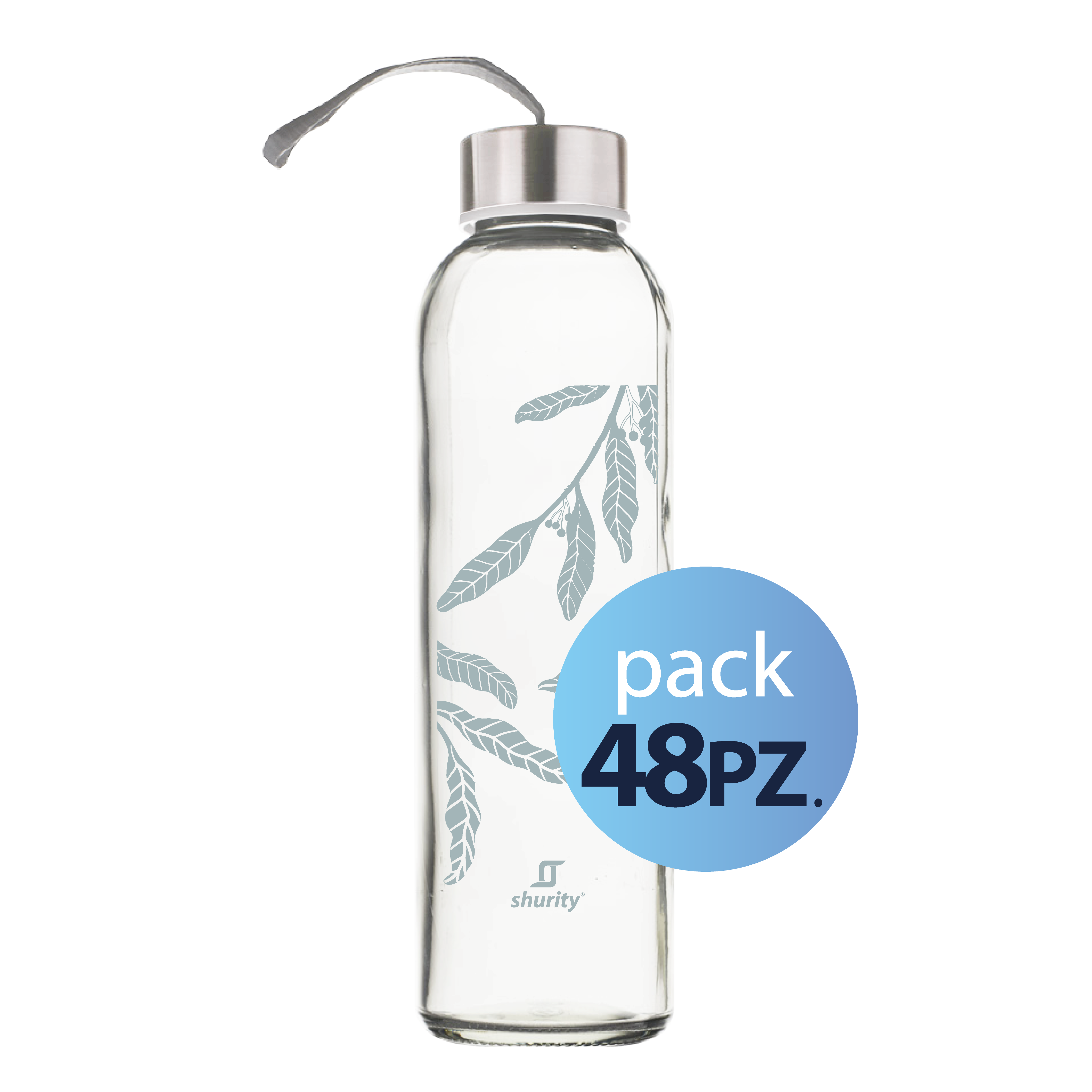 Pack 48pz. - Shurity Elegance Borraccia in vetro 500ml. Con Tappo Argento