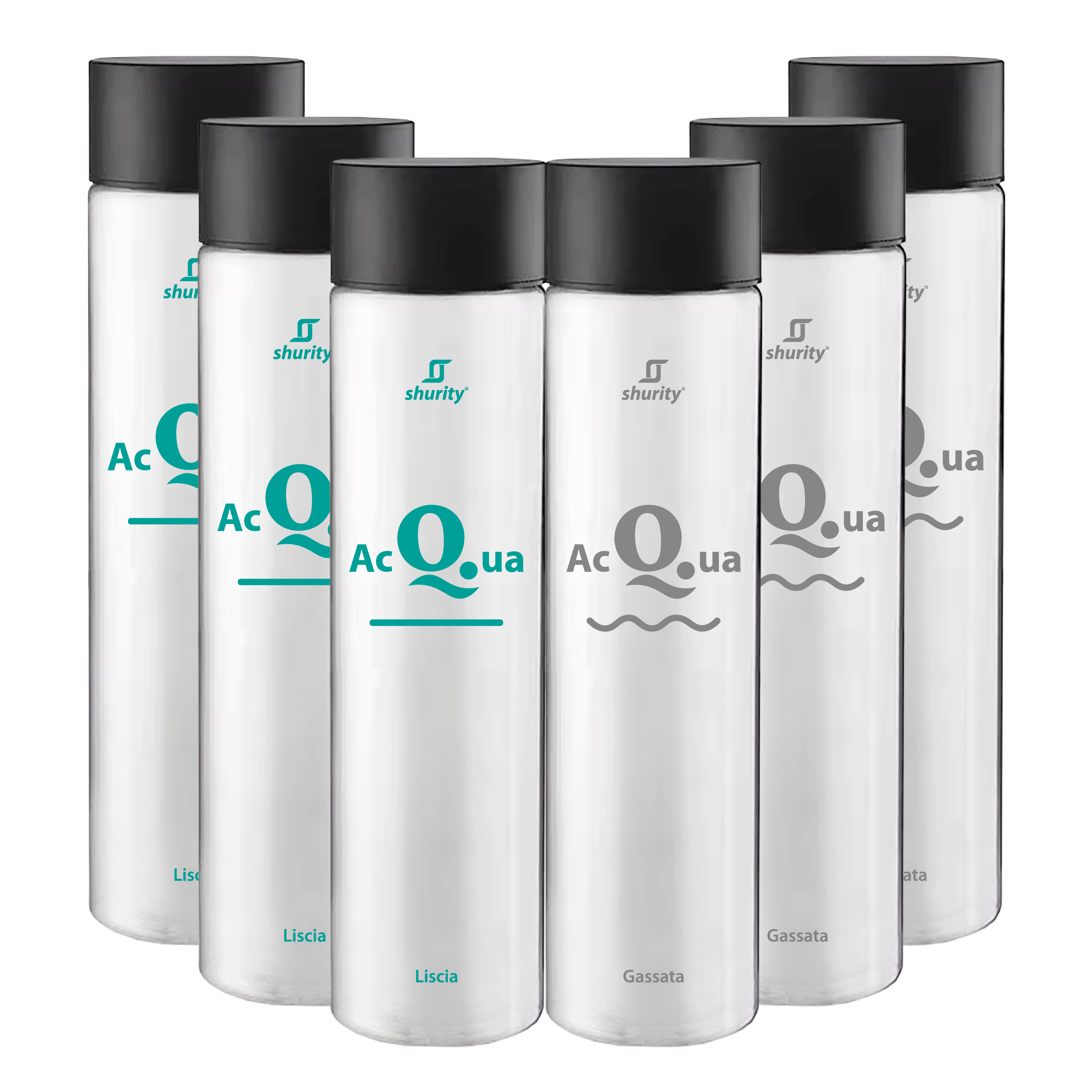 Pack Misto 6pz. - Bottiglia Shurity Cilinder 75cl. Personalizzata Trasparente Acqua Liscia / Acqua Gassata con Tappo Nero