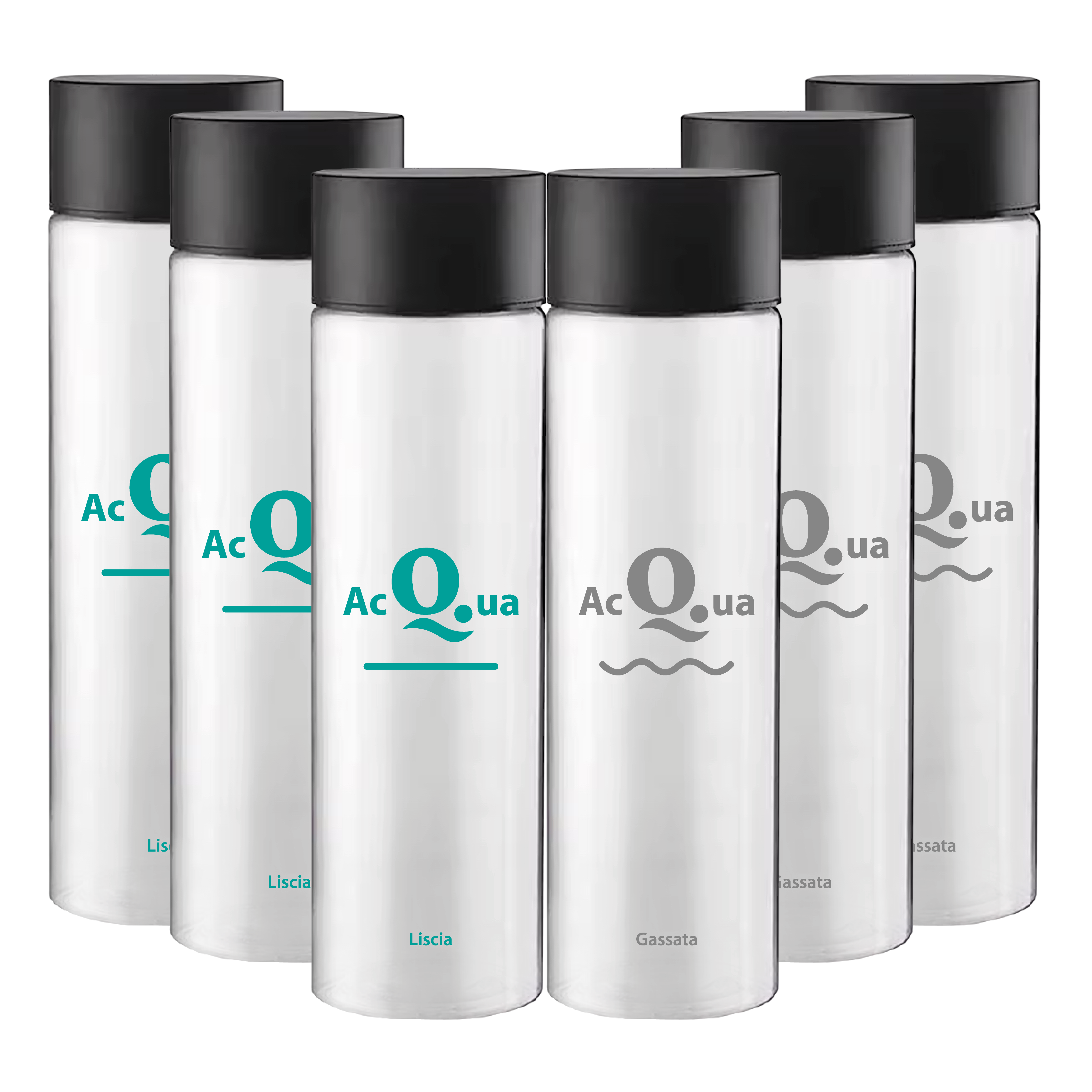 Pack Misto 6pz. - Bottiglia Shurity Cilinder 50cl. Personalizzata Trasparente Acqua Liscia / Acqua Gassata con Tappo Nero (NO LOGO SHURITY)