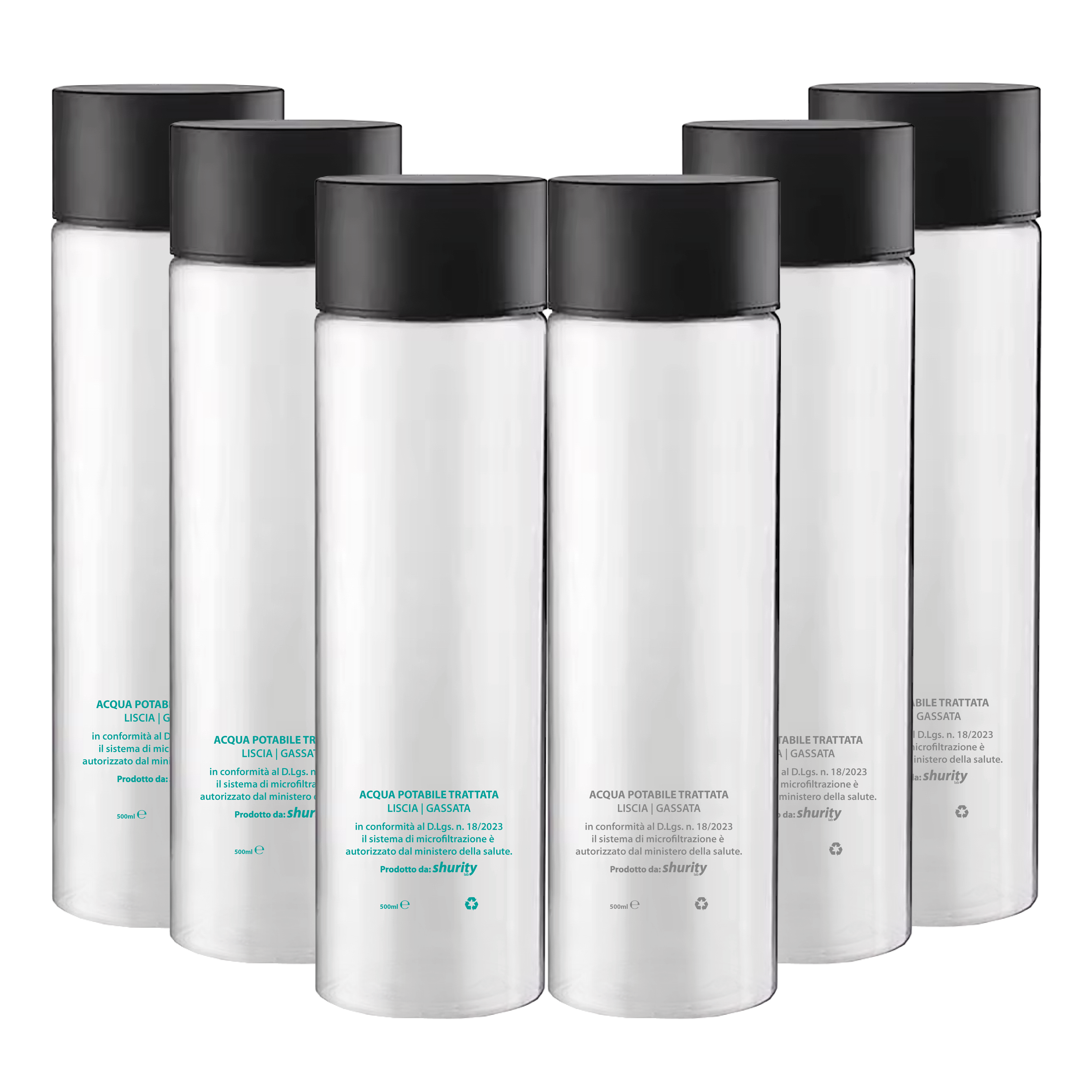 Pack Misto 6pz. - Bottiglia Shurity Cilinder 50cl. Personalizzata Trasparente Acqua Liscia / Acqua Gassata con Tappo Nero - immagine 2