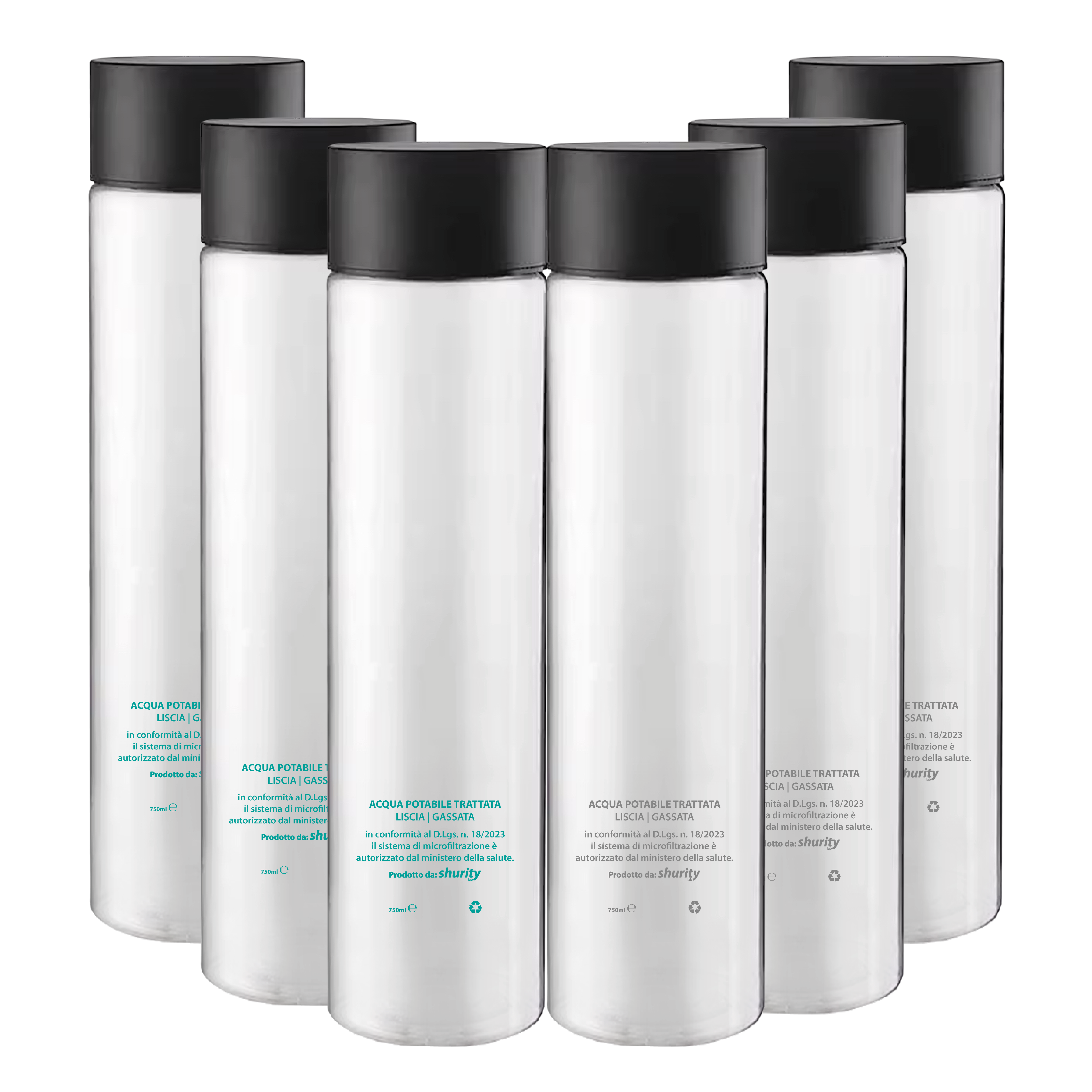Pack Misto 6pz. - Bottiglia Shurity Cilinder 75cl. Personalizzata Trasparente Acqua Liscia / Acqua Gassata con Tappo Nero - immagine 2